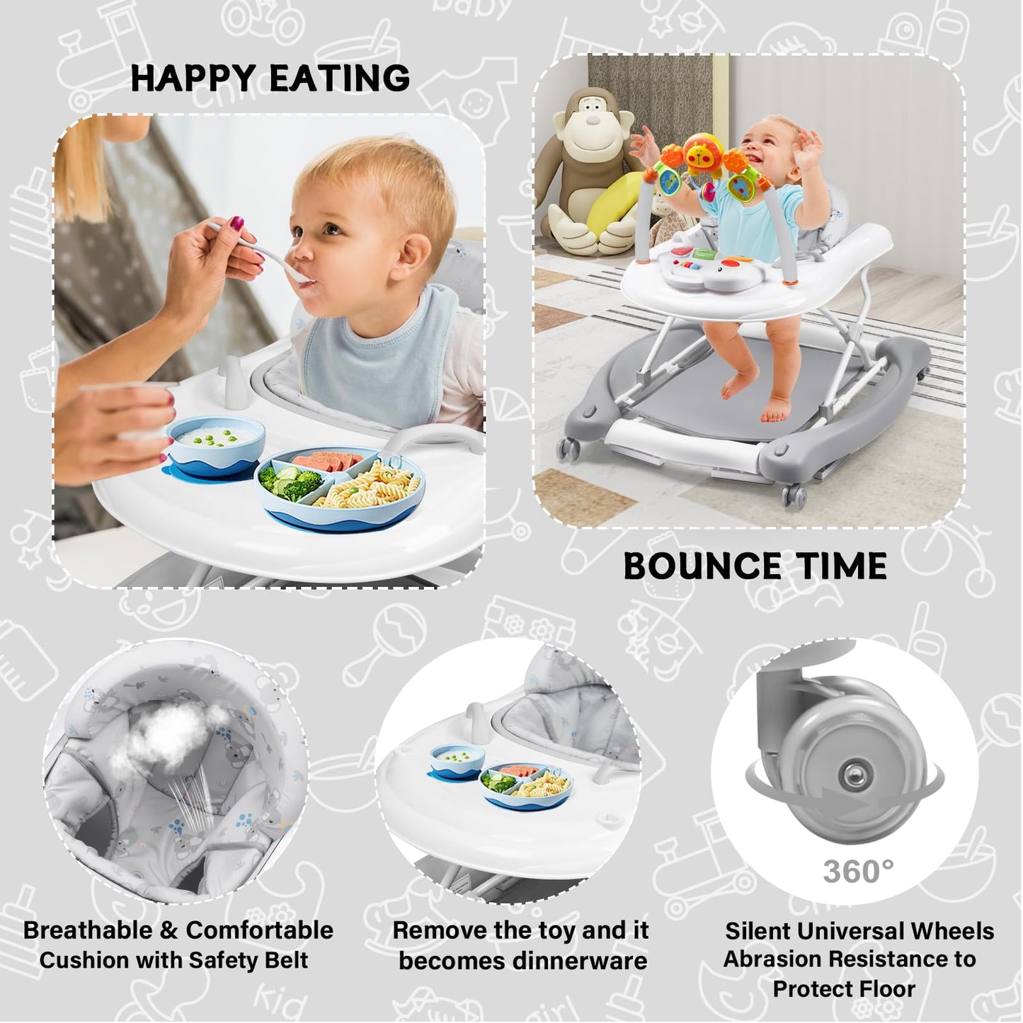 RefoereBabe Baby Walker, 5 in 1 Baby Walkers for Boys Girls 6-12 Months, Foldable Walkers for Babies with Bouncer & Feeding Tray, Music, Adjustable Heights, Activity Walker for Infant