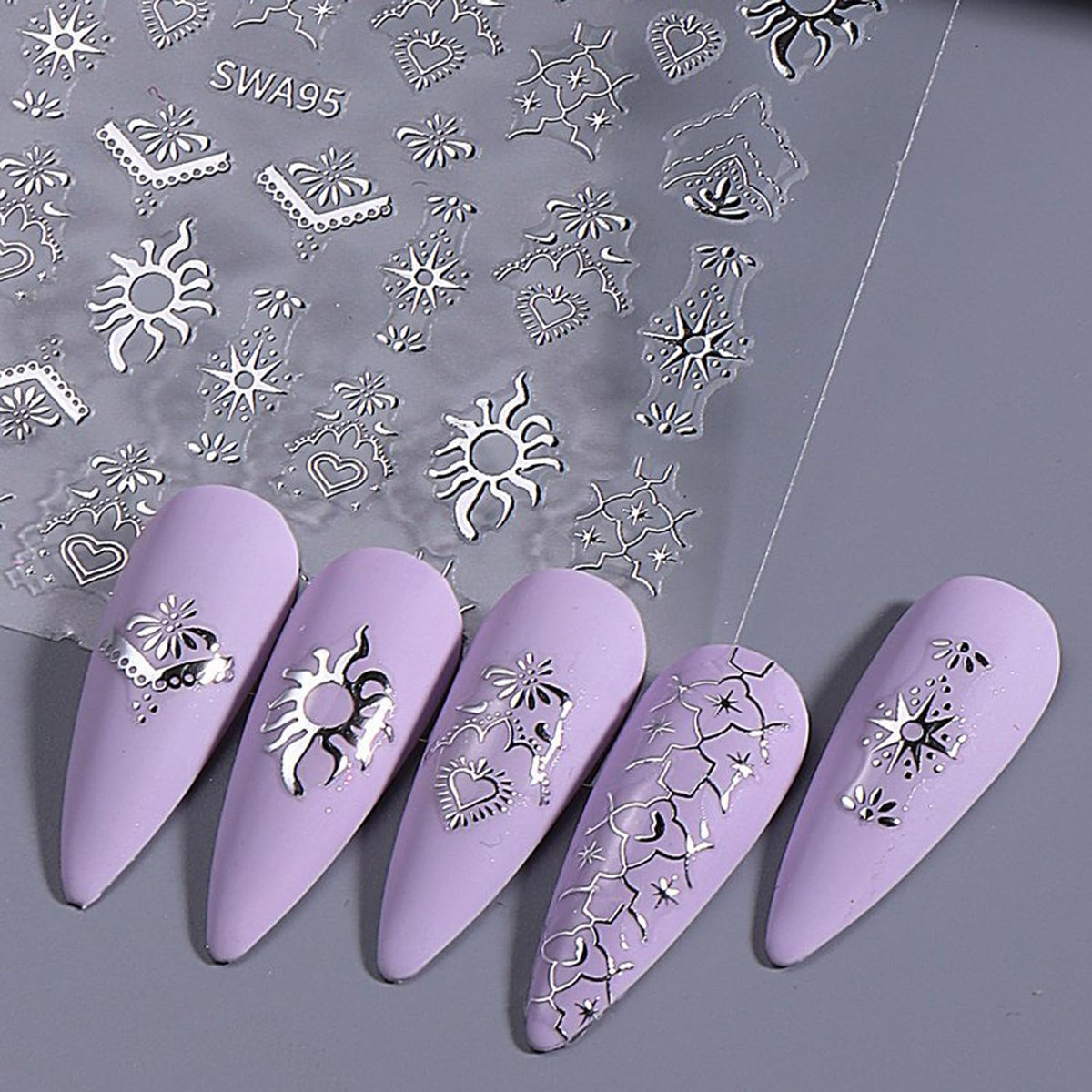 Gold Silver Nail Art Stickers Decals,4Pcs 3D Retro Sun Love Totem Star Moon Heart Designs, Stars Metallic Nail Supplies Embossed Self-Adhesive Slider Stickers for Women's DIY Manicure Decoration
