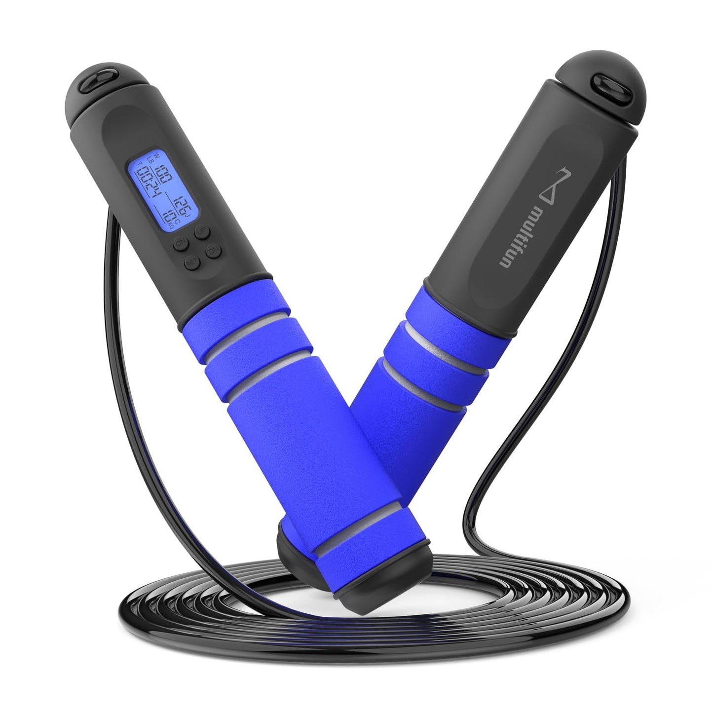 Jump Rope, multifun Speed Skipping Rope with Calorie Counter, Adjustable Digital Counting Jump Rope with Ball Bearings and Alarm Reminder for Fitness, Crossfit, Exercise, Workout, Boxing, MMA, Gym (Blue)