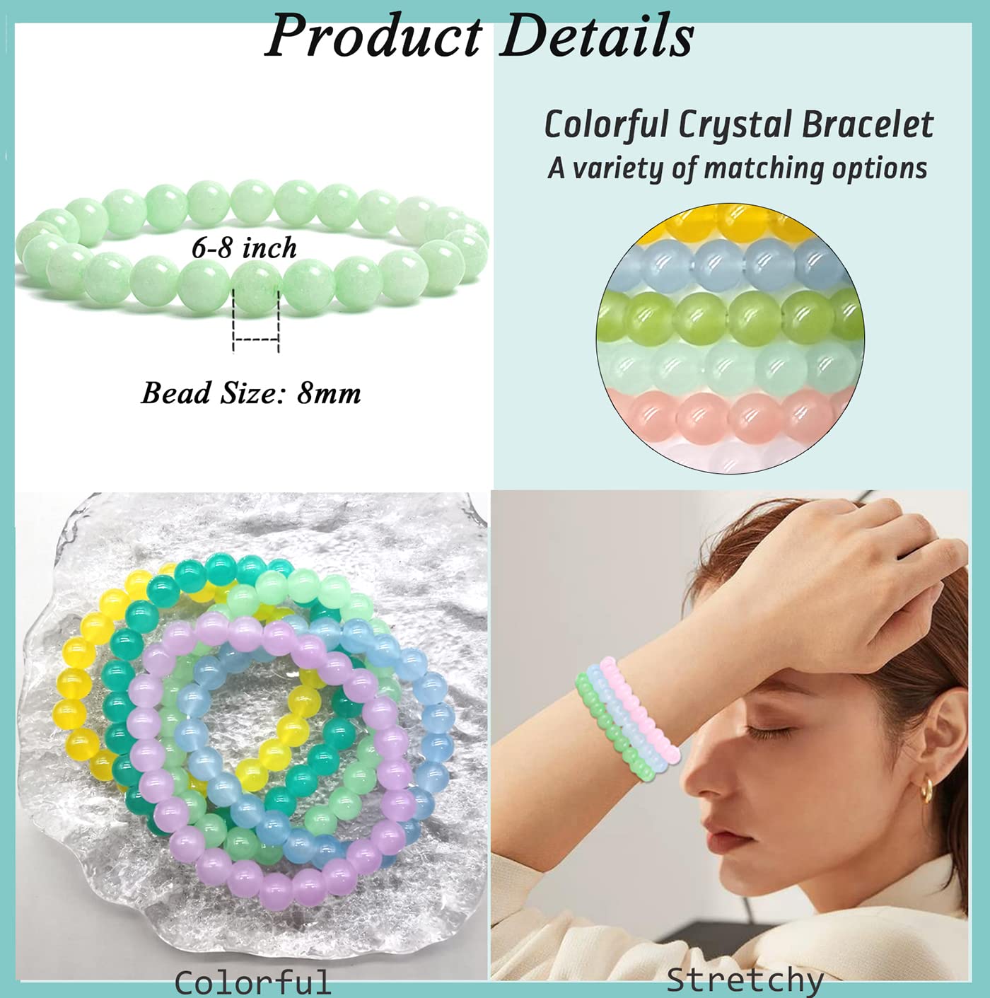 FIRAZIO 24Pcs 8mm Beaded Bracelet for Women Mens Handmade Glass Beads Bracelet Colorful Crystal Bracelet Elastic Round Bead Bracelets Jewelry
