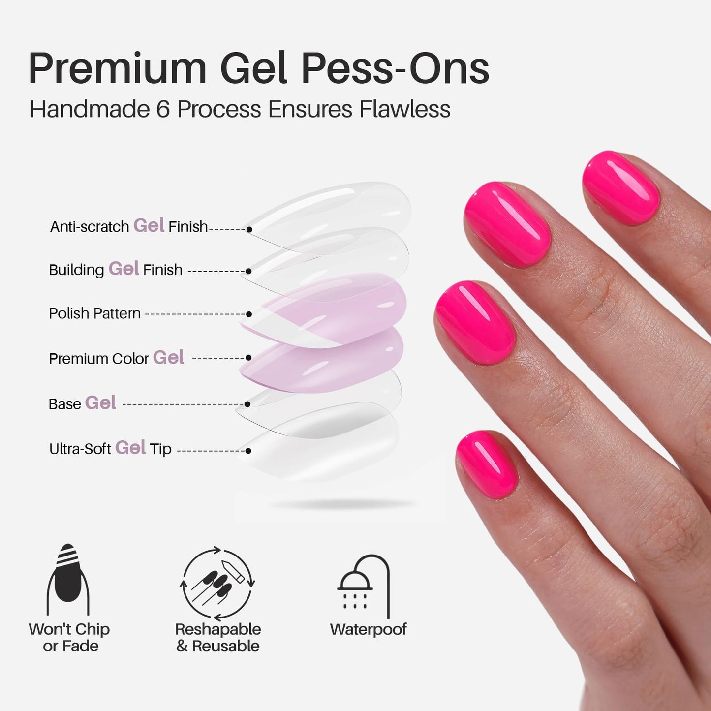 Hot Pink Press on Nails Extra Short - SHANGMENG Soft Gel Pure Press on Nails Squoval for Women Gift, Natural Fit & Glossy Glue on Nails with Glue in 16 Sizes - 32 Reusable Fake Nails Kit, Pink Punch