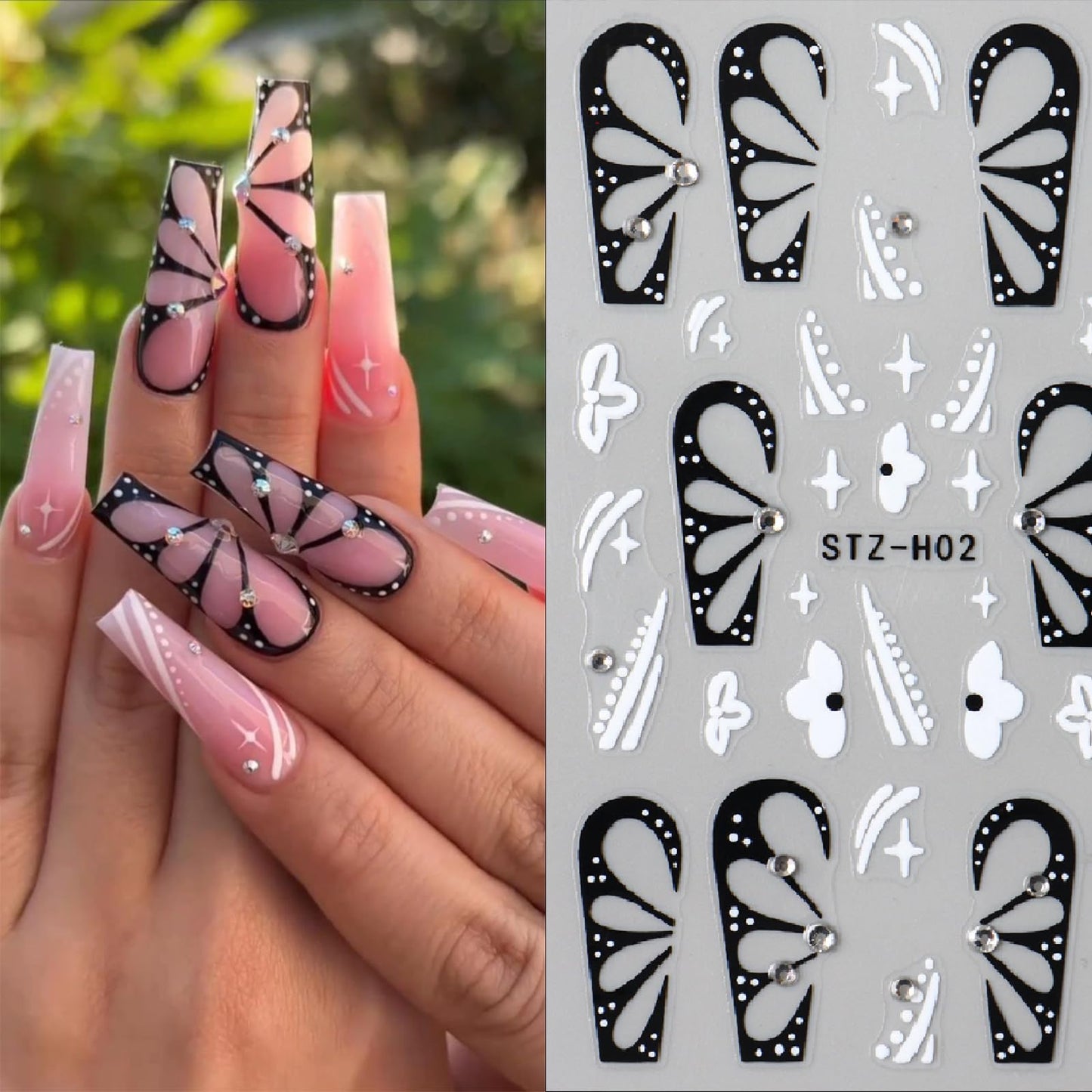 Butterfly Nail Stickers - 5D Rhinestone Butterfly Nail Decals Black Flowers with Gold Pearls Nail Designs Self-Adhesive Nail Art Supplies Women's Nail Art