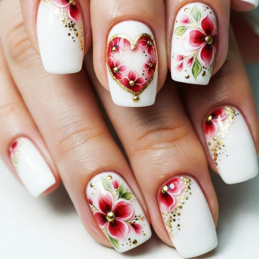 Red Flower Press on Nails, Gold Glitter Medium Square Fake Nails with Love Design, Reusable Green Leaf Glue On Artificial Nail Floral False Nail for Women Valentine Bridal Wear