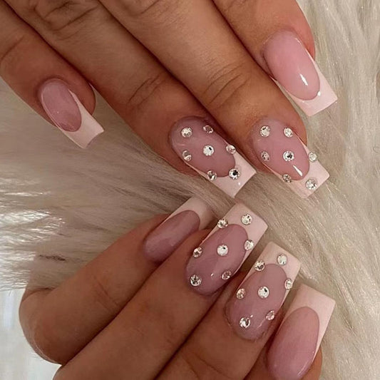 24pcs Press on Nails Short Square Glossy Pink French False Nails with Rhinestone Design Full Cover Fake Nails Stick on Nails White French Nail Tips False Nails Gel Glue on Nail for Women Girls