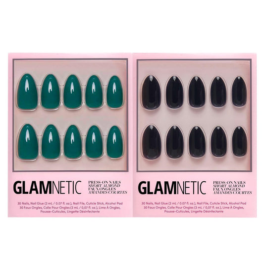 Glamnetic Press-On Nails Bundle - Emerarld Green & Boba | Opaque Deep Green Almond False Nails | Opaque Black Almond Fake Nails | Reusable, Salon-Quality Nail Kits