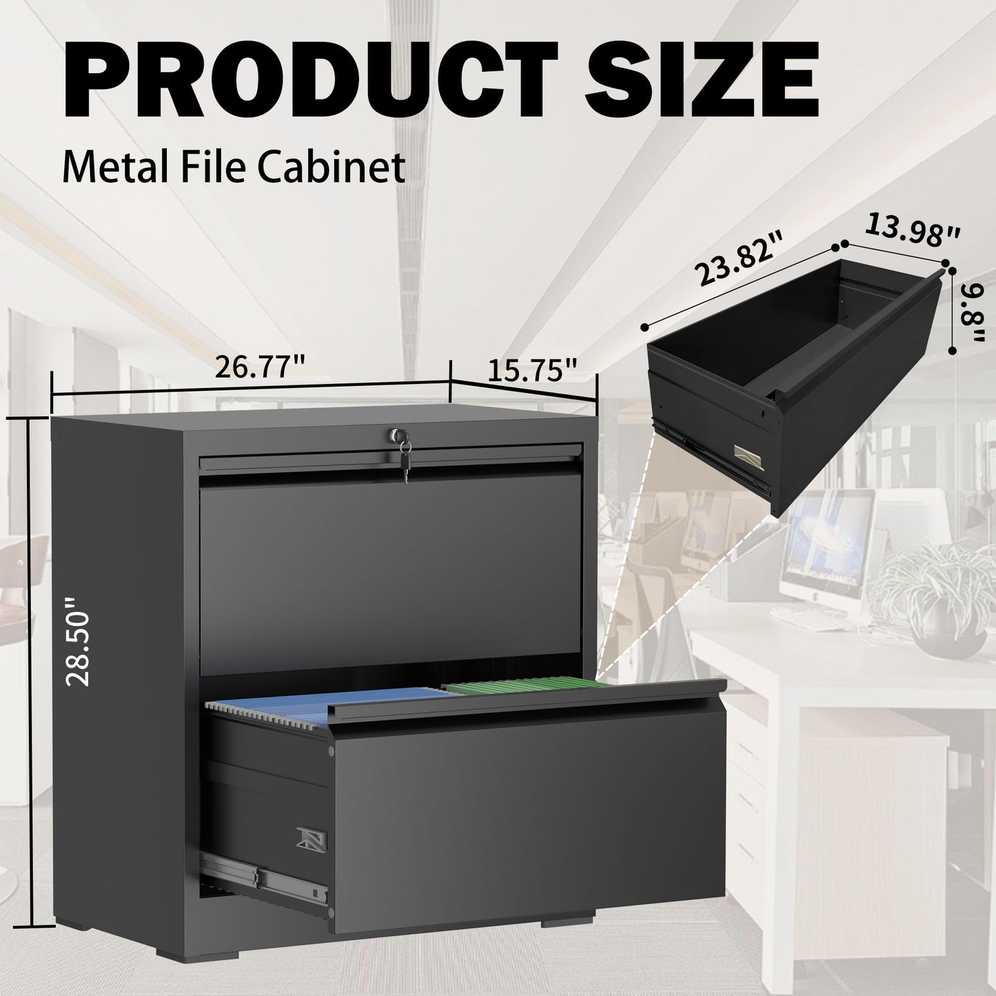 FOSTOKO Lateral File Cabinet with Lock, 2 Drawer Filing Cabinet, Metal File Cabinets for Home Office, Steel Heavy-Duty Filing Storage Cabinet for Letters/Legal/A4 (Require Assembly, Black)