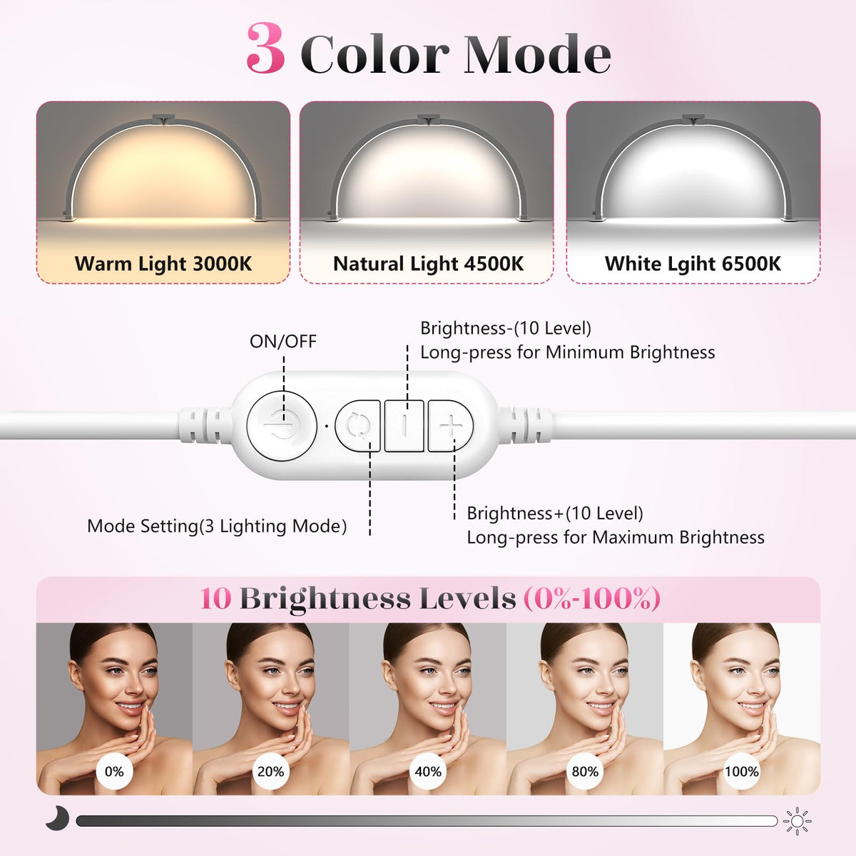 Yokilly Half Moon Light for Nail Desk: 23" Foldable Half Moon Desk Lamp with Phone Holder for Beginner - Arch Nail Tech Light with 3 Color Modes & 10 Brightness for Manicure Salon (Diamond, Small)
