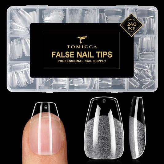 TOMICCA Short Coffin Nails Tips, 240PCS 15 Sizes Pre-Shaped Ultra Half Matte Clear Full Cover Acrylic Nails for DIY Salon, Gel Nail Extension Tips for Beginners & Nail Techs