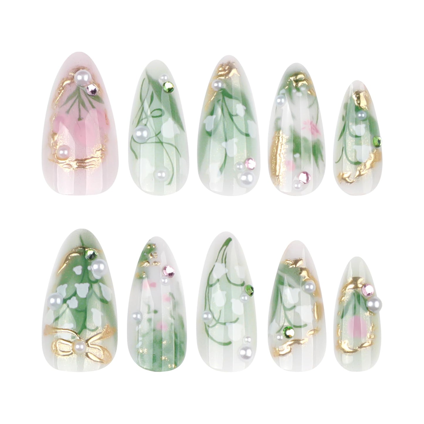 LBPEPAMZ Green Press on Nails Medium Almond Fake Nails with 3D Pearl Rhinestones Designs Gold French Tips Flower Acrylic Nails False Nails White Floral Full Cover Glossy Stick on Nails for Women 24Pcs