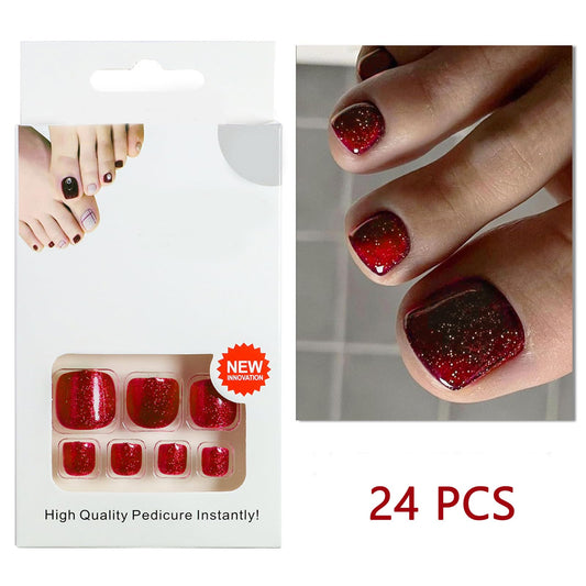 Red Sparkly Press on Toenails Short Square Fake Toe Nails Glossy Red Solid Color Glitter Full Cover Artificial Stick on Toenails for Women Girls Winter Christmas Manicure 24Pcs