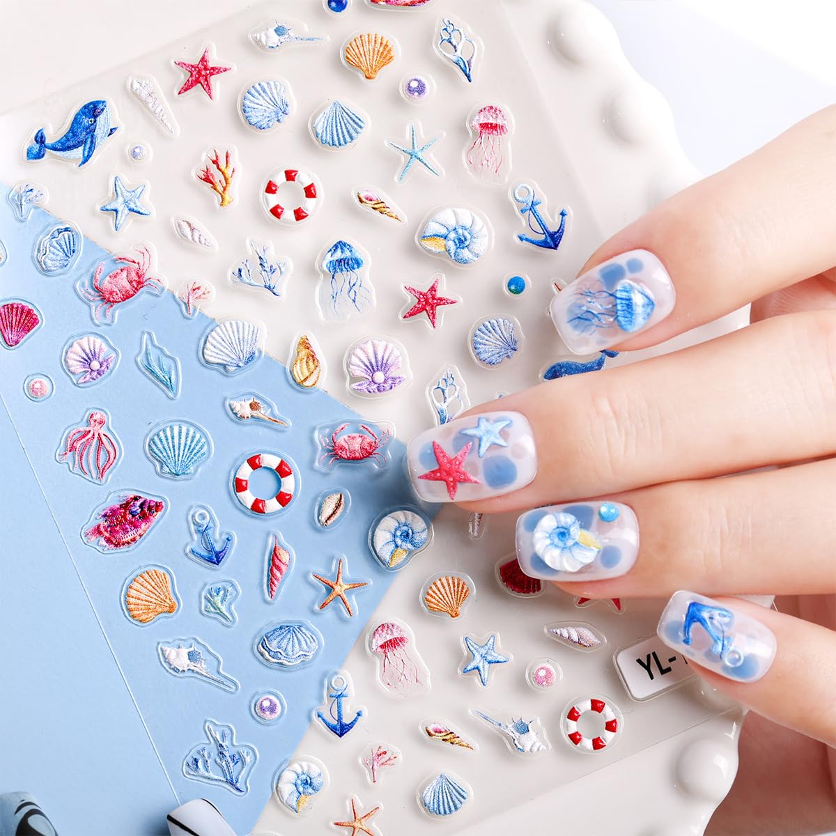 5D Embossed Summer Nail Stickers Jellyfish Seashell Starfish Conches Ocean Nail Decals Engraved Nails Supplies Tropical Beach Self-Adhesive Nail Art Sticker for Women Girls Fingernail Decorations