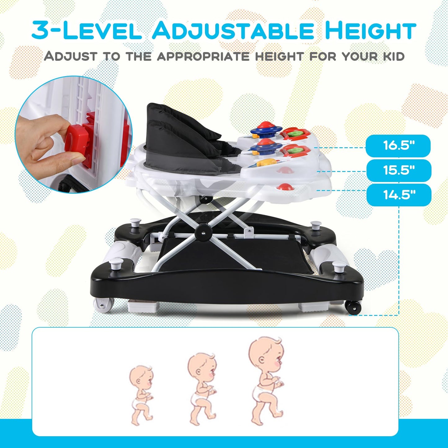 BABY JOY 6-in-1 Baby Walker, Foldable Baby Walker with Wheels, Adjustable Height, Music, Lights, Bouncer & Rocker Mode, Baby Walkers for Boys Girls 6-14 Months (Black)