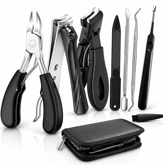 Toenail Clippers for Seniors Thick Toenails, Long Handle Toenail Clippers Set, Heavy Duty Toenail Clippers for Seniors, Wide Jaw Stainless Steel Ingrown Toenail Cutter, 8 Pcs Nail Clipper Kit
