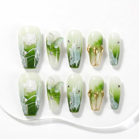 Sun&Beam Nails Handmade Press On Nail Medium Long Coffin Ballerina Green Flower Butterfly Fake Tip 3D Design Art Charms Cute with Storage Box 10 Pcs (#009 M)