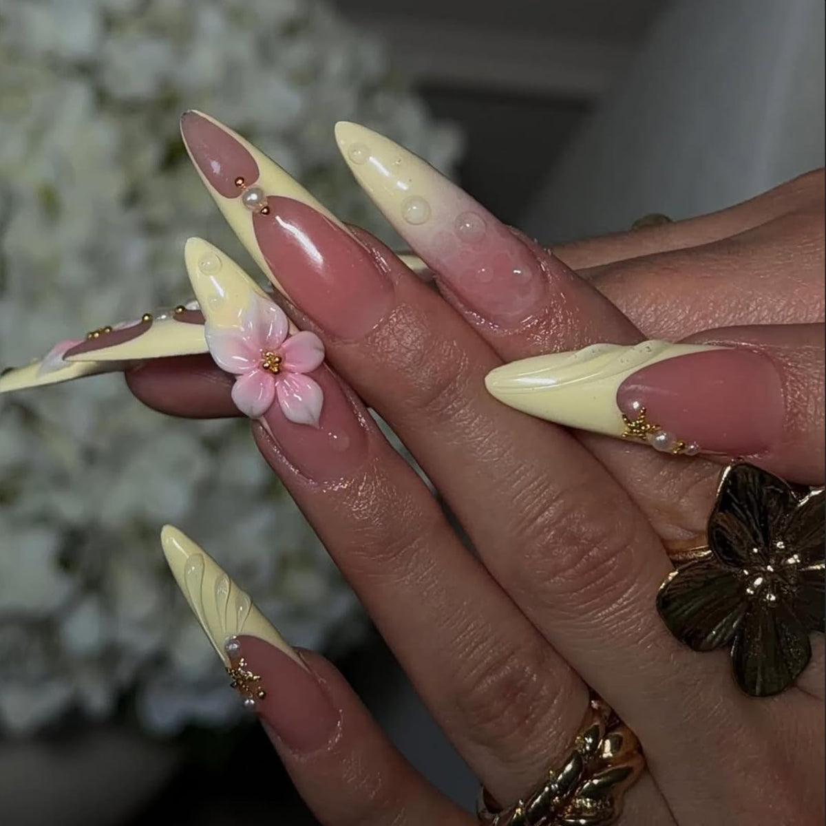 IMRAIN Almond Press on Nails, Long Fake Nails, 3D Water Drop Pink Floral Pearl Design, 24 Pcs Reusable Glue on Nails for Women, Salon Quality
