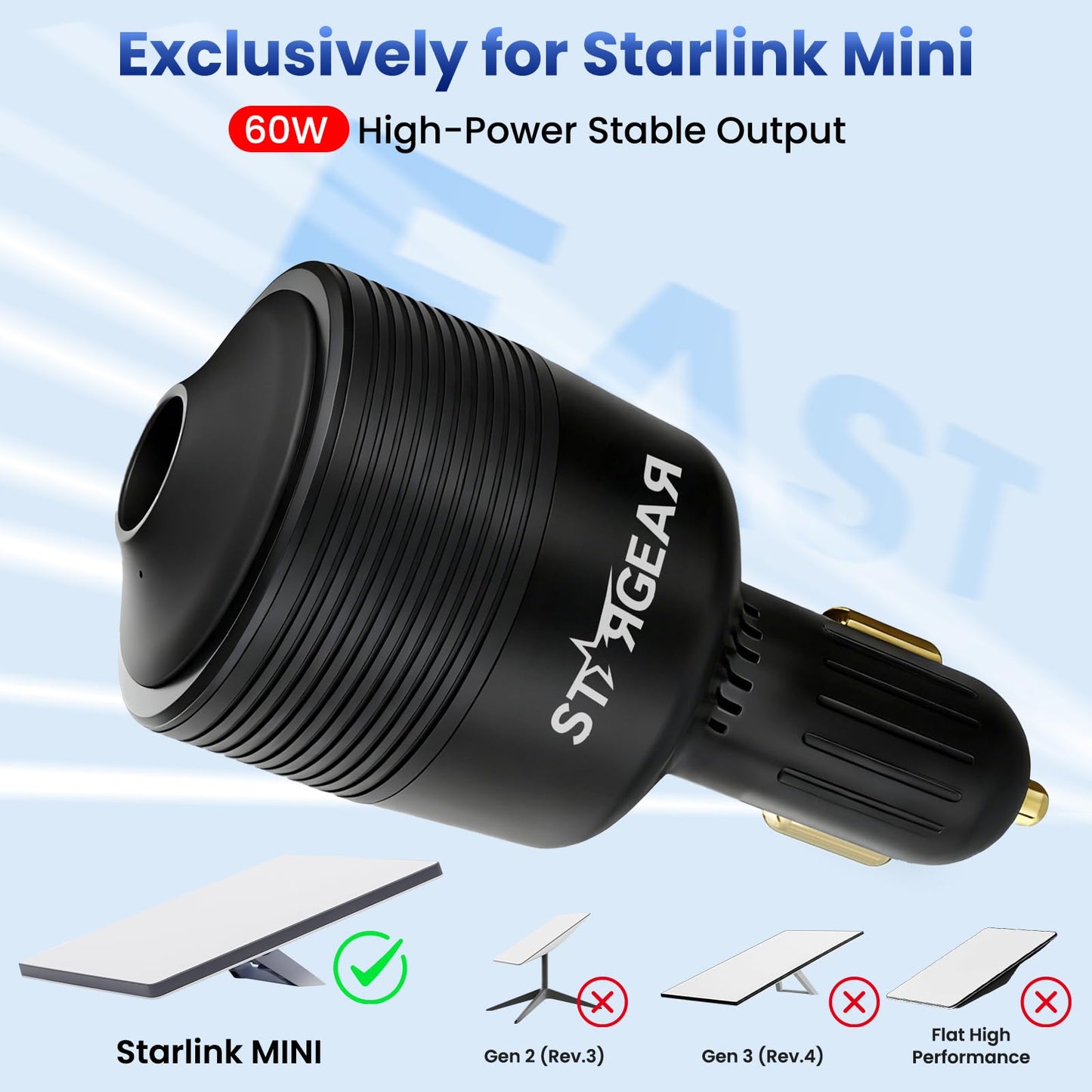 STARGEAR Starlink Mini Car Adapter 12V to 24V DC Step Up Converter with 60W Car Cigarette Lighter Adapter, Starlink Mini 12V Adapters Supports 16 AWG Official 30M, Ideal for RV, Boat, Trailer（Black）