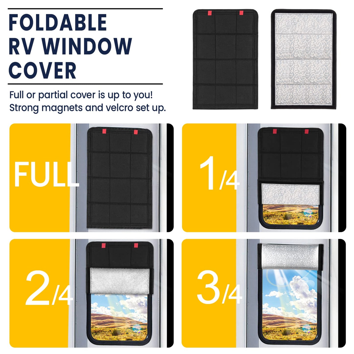funomo RV Door Window Shade, Foldable Magnet RV Blackout Window Cover, UV Rays Protection Camper Trailer Window Cover, Waterproof Thickened Oxford and Silver Fabric with Storage Bag (Black Silver)