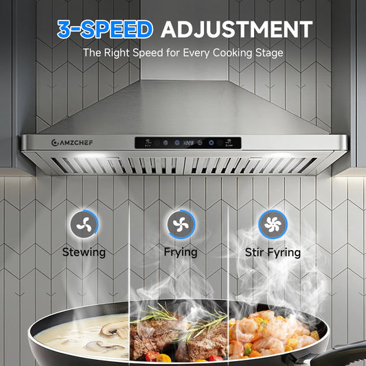 AMZCHEF Wall Mount Range Hood 30 inch: 1050 CFM Stainless Steel Kitchen Stove Vent Hood with 3 Speed Exhaust Fan, Touch/Remote/Gesture Control Kitchen Exhaust Fan with Dishwasher-Safe Baffle Filters