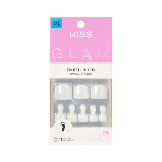 Kiss Glam, Press On Nails, Nail glue included, 'Twinkle Toes', White, Short Size, Squoval Shape, Includes 26 Toenails, 2g Glue, 1 Manicure Stick, 1 Mini File