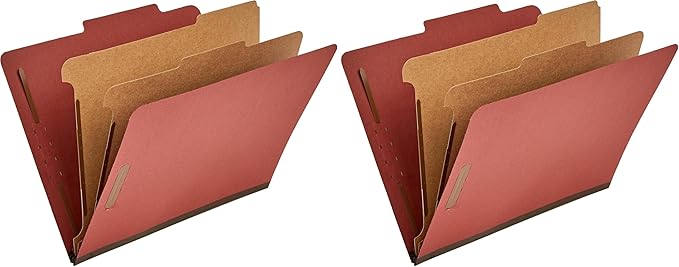 Amazon Basics Classification Folder with Prongs, Pressboard, 2 Dividers, 2-Inch Expansion, Letter Size, Red, Pack of 20, for Organizing Documents