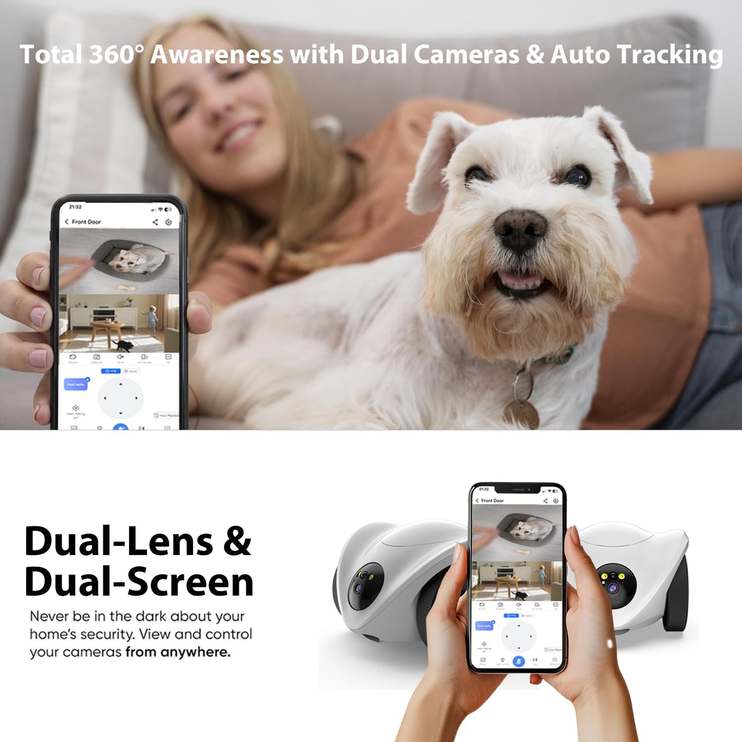 Belcore Robot Pet Camera with One-Tap Treat Dispensing | Mobile 360° Monitor, 2-Way Audio, and Smart Tracking | No Monthly Fees, Dual Cameras, Long Battery Life for Pet Care