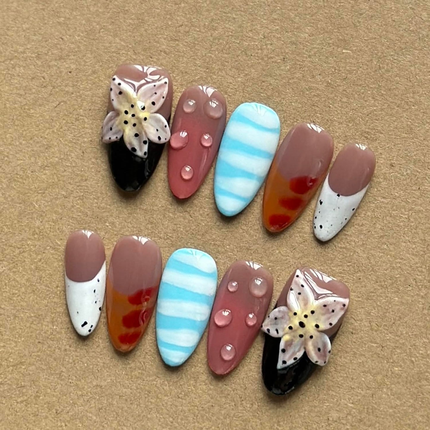 Luxury Press on Nails Medium Almond Handmade 3D Unique Reusable ABS Material Fake Nails French Tip False Nails with Designs Flower Water Drop Art Petal Glossy Glue on Thick Acrylic Nails(S)