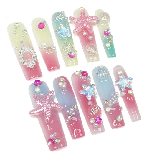 Handmade 3D Ocean Style Starfish Shell Stiletto Press On Nails, Sweet Element Gradient Artisan Nails Set, Reusable Glossy Press-ons with Tool Kit(S)