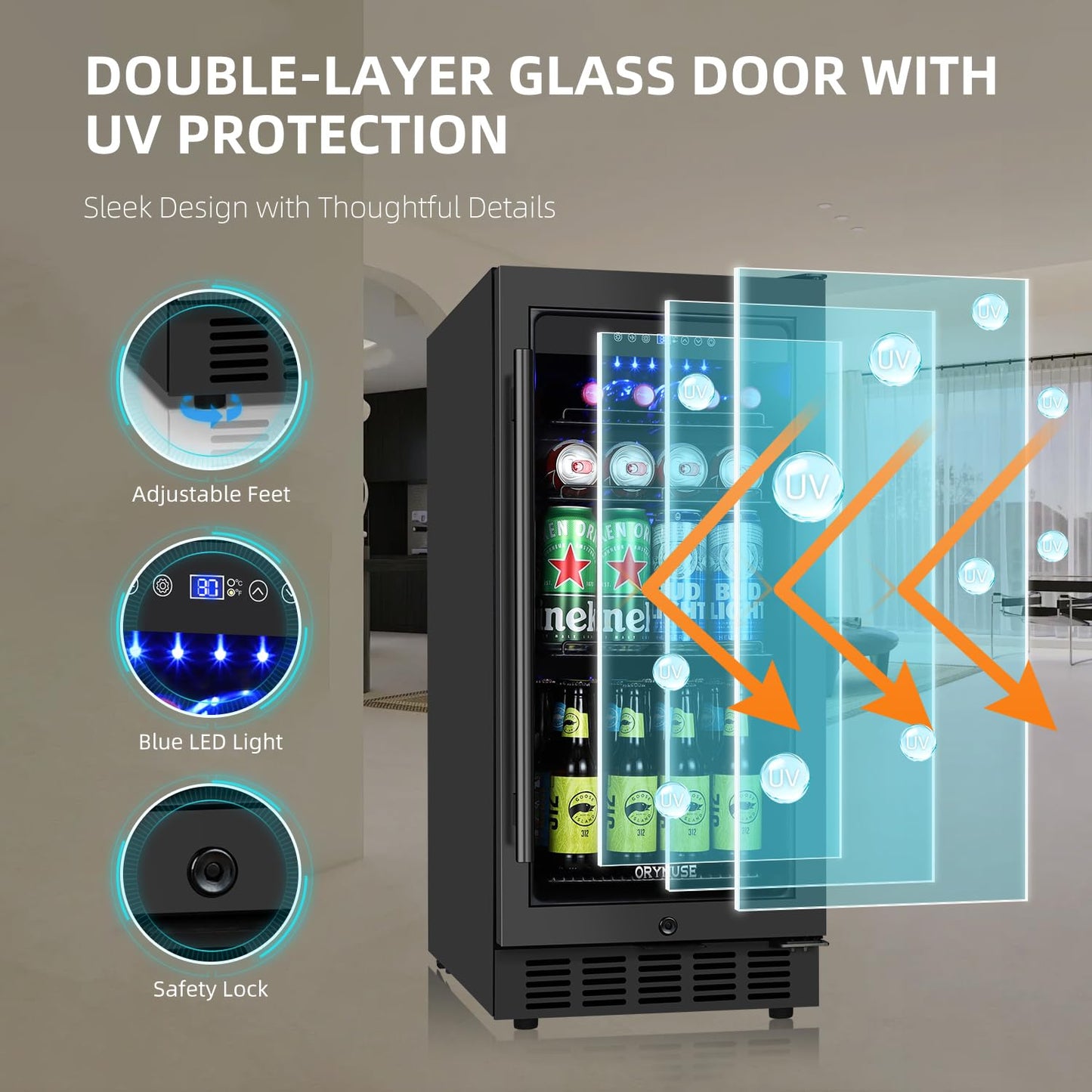 ORYMUSE 15 Inch Beverage Refrigerator, 130 Cans Drink Fridge with Glass Door & Lock, Upgraded Compressor, Low Noise, Built-in or Freestanding Cooler for Soda, Beer, Water, Black