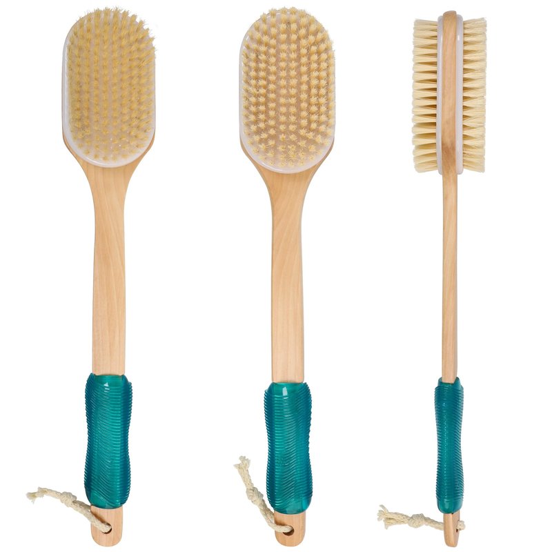 OWIIZI Back Scrubber for Shower with Soft and Stiff Boar Bristles Dual-Sided Wooden Long Handle Antiskid Body Bath Brush for Back Use Wet or Dry,Deep Cleanse Large Surface Back Scrub Brush