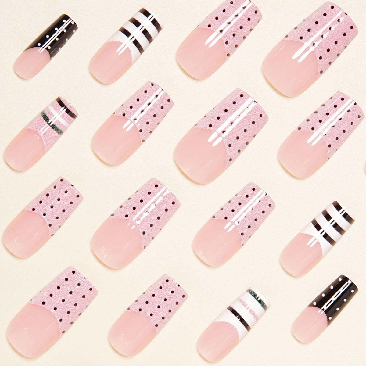 Medium Press on Nails Polka Dot Square Fake Nails with Pink & White French Tip Full Cover Stick on Nails Glossy Stripe Reusable Acrylic False Nails Glue on Nails for Women 24Pcs