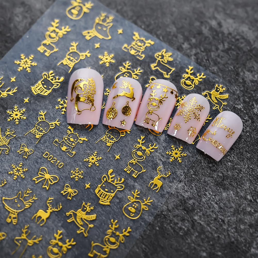 12PCS Christmas Nail Stickers Gold & Red Holographic Nail Art Stickers Festive Reindeer Snowflake Self Adhesive Nail Decals Santa Nail Art Supplies for Women Girls DIY Manicure Nail Art Decorations