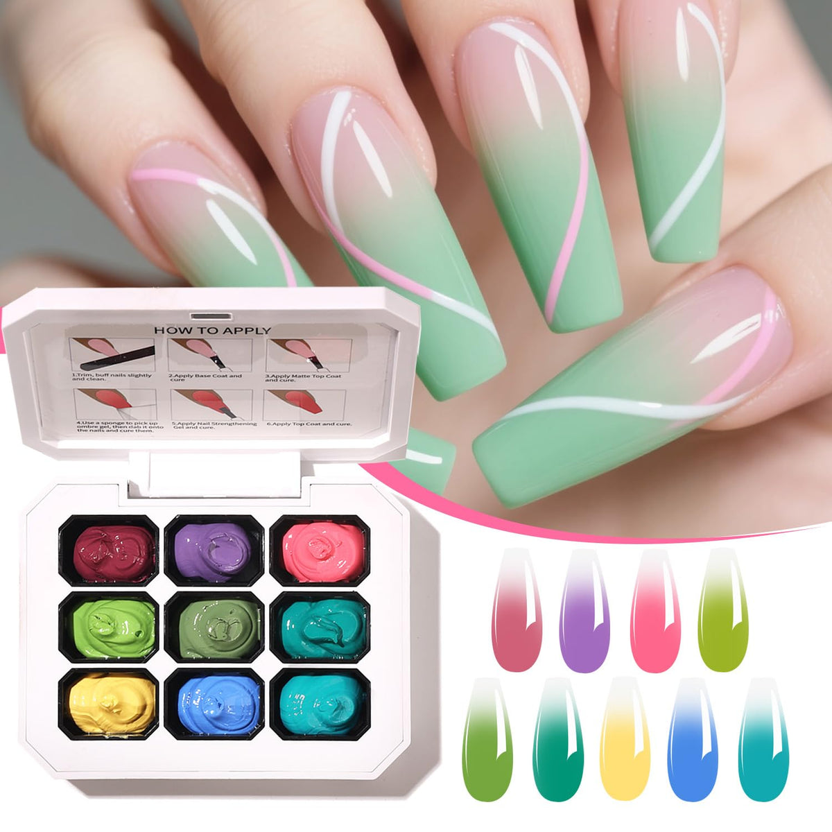 AOBOO Ombre Gel Nail Polish Nail Sponges for Ombre 9 Series Colorful Blush Effect Pat Painting Gradient Blooming Gel for Ombre Nails Multistyle French Manicure Nail Art DIY Home (A4, 1)