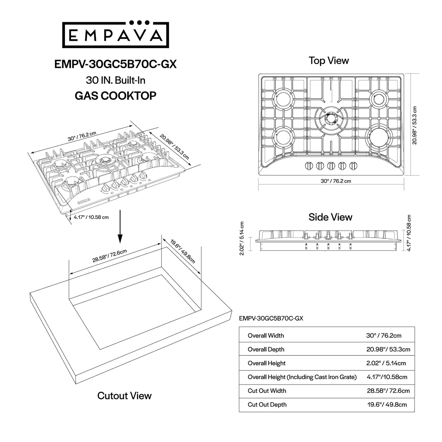 Empava 30" Gas Cooktop with 5 Italy Sabaf Sealed Burners NG/LPG Convertible in Stainless Steel Model 2020, 30 Inch