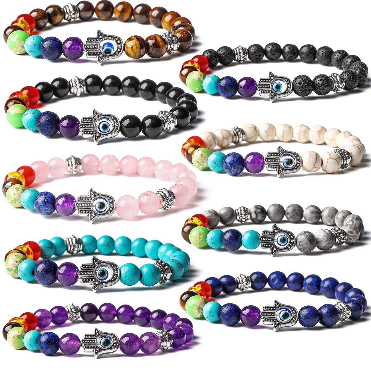 BOMAIL 9pcs Evil Eye Bracelet Set Hamsa 7 Chakra Gemstone Lava Stone Bracelets Blue Evil Eye Hamsa Charm Bead Bracelets for Men Women Hand of Fatima Bracelet