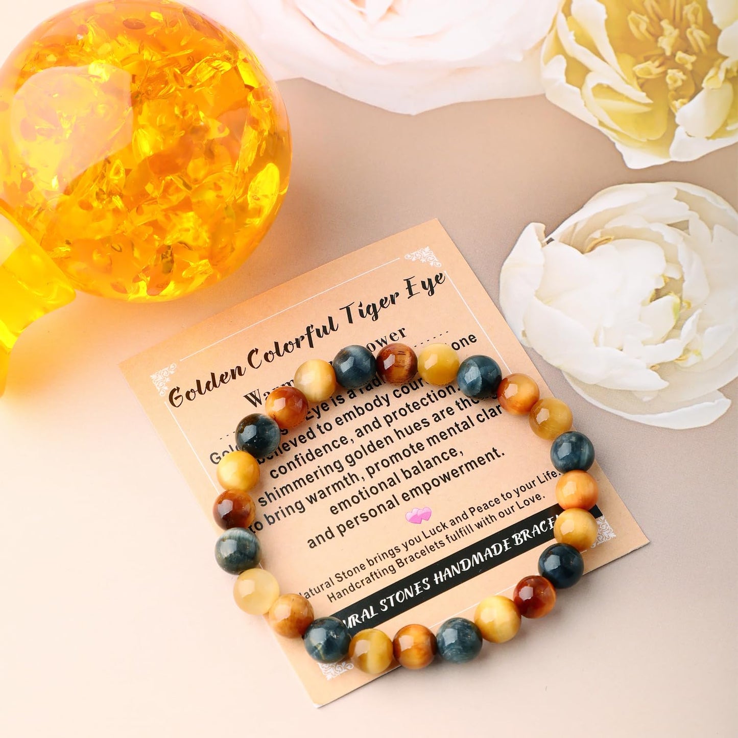 AD Beads 6mm Handmade Golden Colorful Tiger Eye Elastic Bracelet – Natural Gemstone for Warmth and power – Meditation, Yoga, Healing and Energy Gift for Men Women