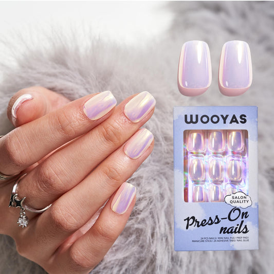 Wooyas Chrome Press on Nails Short, Light Pink Aurora Nails Magic Mirror Effect Fake Nails, Pink Handmade Reflective Mirror Square Stick On Nails Reusable, 24 Nail Kit with Jelly Glue Pad for Women