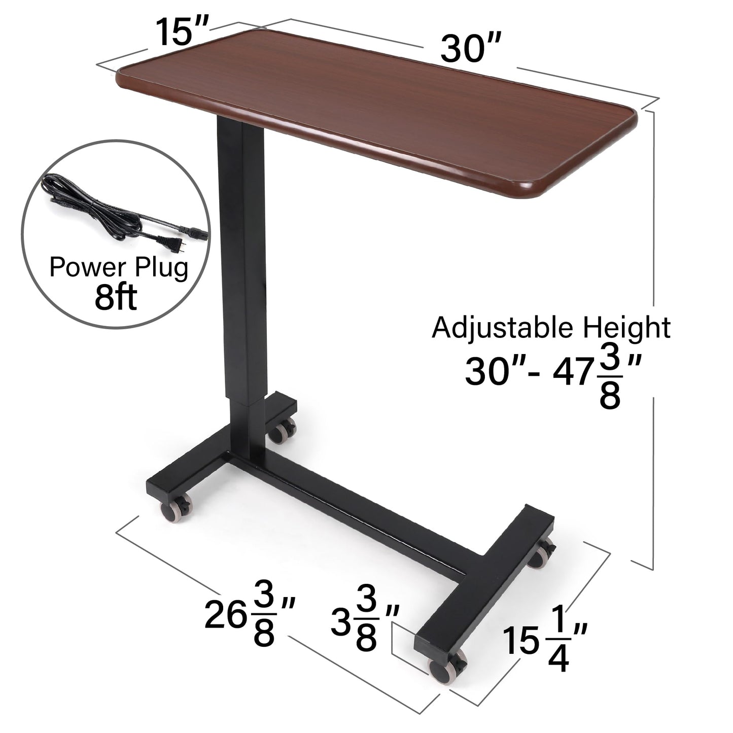 Vaunn Medical Electric Overbed Table Bedside Height Adjustable Table with Wheels (Electric-Powered, Hospital and Home Use)