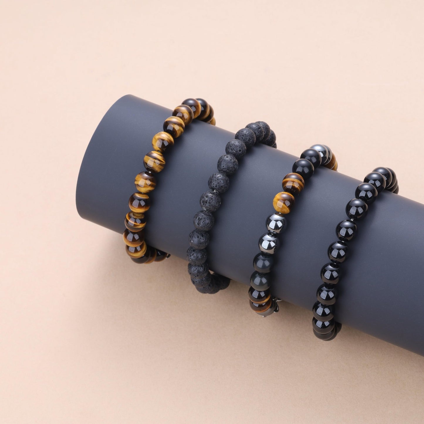 GAVU Triple Protection Bracelet, 8mm Hematite Tiger Eye Obsidian Crystal Bracelet for Men 8.9"