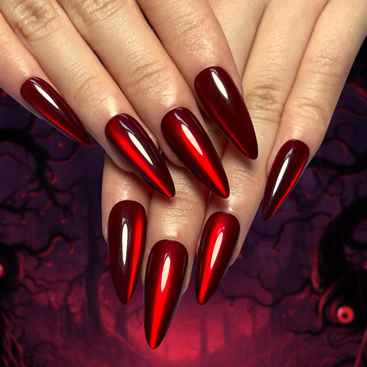 evpct Dark Red Cat Eye Press on Nails Almond Long No Glue, Soft Stick on Nail Almond for Women, Holographic Red Glossy Soft Perfectly Fit Reusable Long Press on Acrylic Fake Nail with Cat Eye Designs