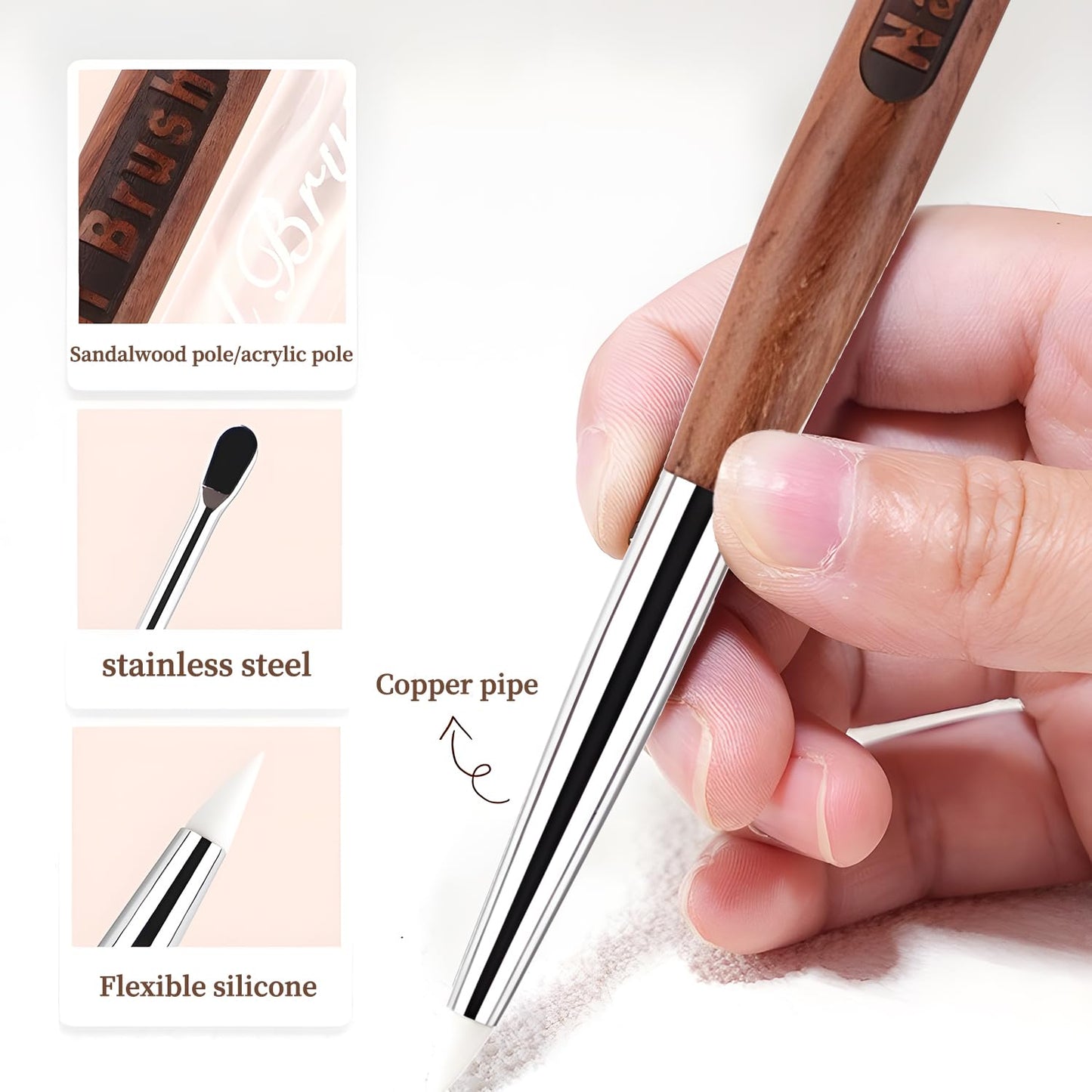 Double Nail Art Sculpture Pen: Silicone & Metal Dual Tipped Nail Brushes Silicone Nail Art Tools for Design Nail Foil Carving Drawing Shaping Effect Nail Art Pens for Home and DIY (Sandalwood)