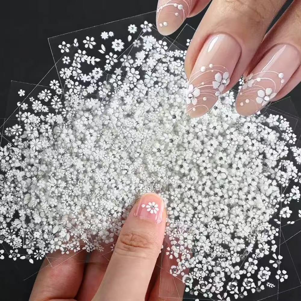 SPLOCUDU White Flower Nail Art Stickers White Flower with Rhinestones Nail Decals 3D Self Adhesive Nail Stickers Nail Art Designs Flowers Sticker for Nails Decorations 30 Sheets