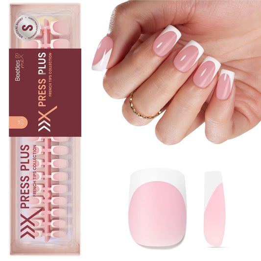 Beetles X Press Plus French Tip Nails - Camellia French | Pink Short Squoval Press On Nails | 16 Sizes 224 Pcs Natural Salon Quality Gel Nail Tips