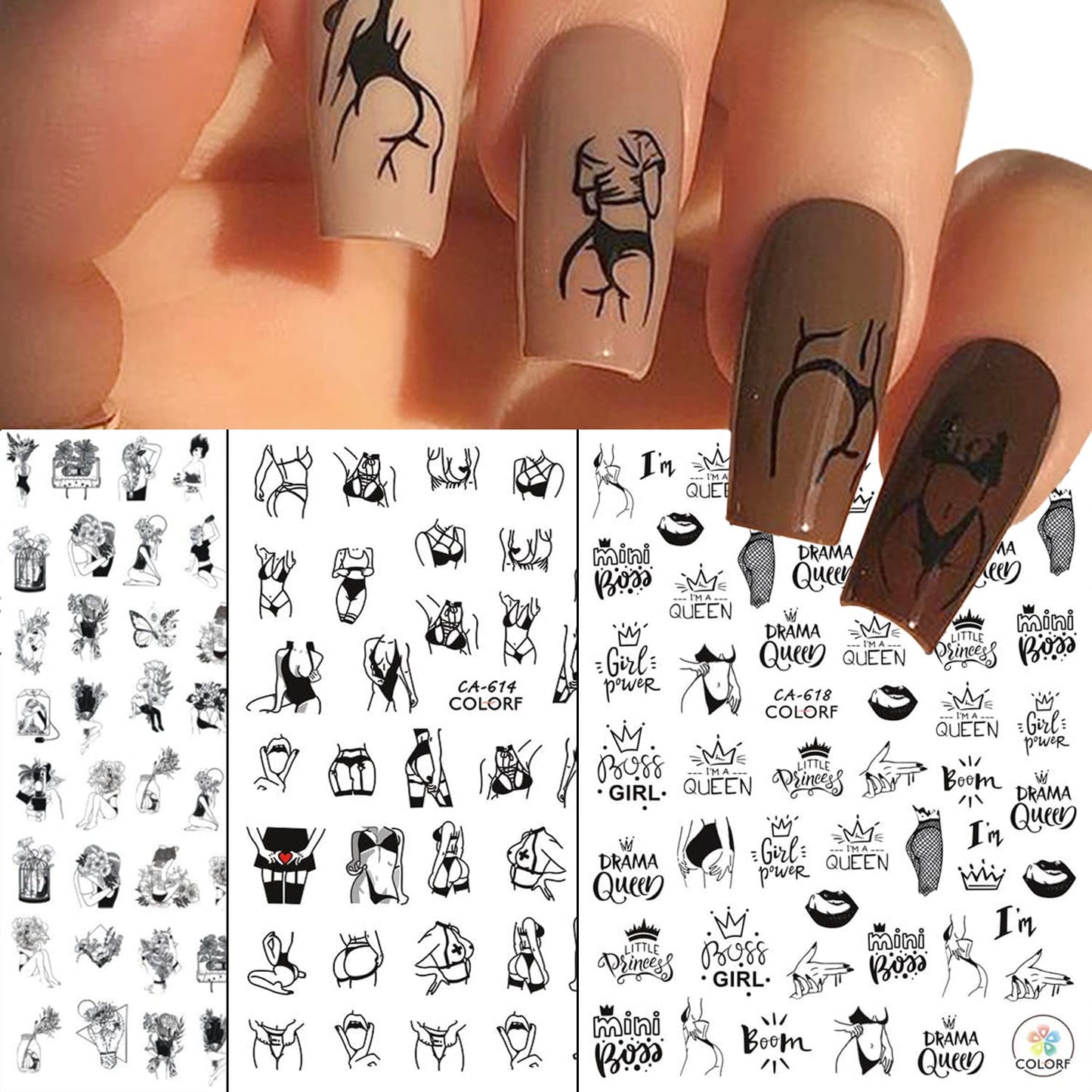 Sexy Girls Nail Art Stickers 3D Nail Self-Adhesive Sticker Design Holographic Glamour Girl Flowers Letters Nail Art Decals Supplies for Women Manicure Nails Charm Decoration DIY Nail Decal(6 Sheets)
