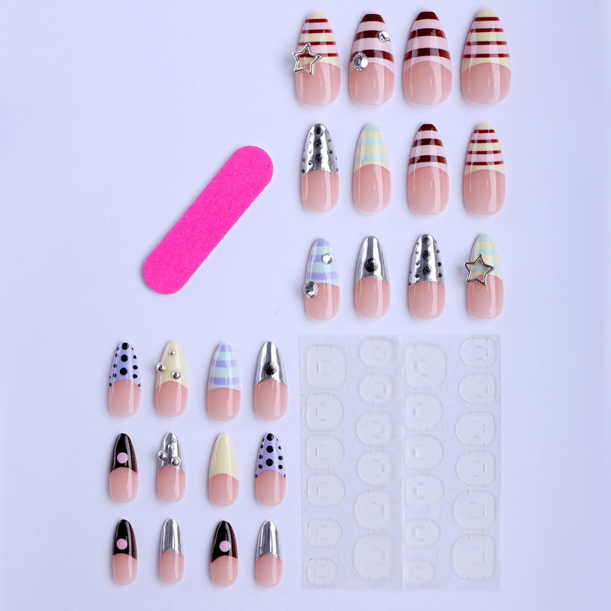 Long Press on Nails Almond Fake Nails Acrylic Nail Press ons Seeneey Silver Charm Y2K Rhinestones Designs Beach Stick on Nail for Women 24pcs