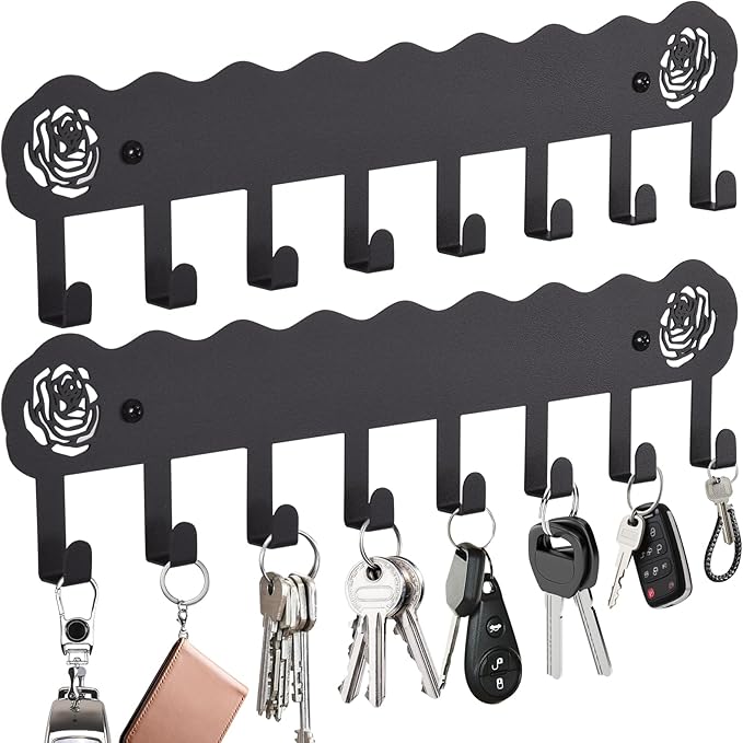 2-Pack Premium Iron Key Holder for Wall â Large Capacity & Multi-Functional, Dual Installation: Wall Mount & Adhesive, 8 Hooks Key Rack for Entryway, Kitchen, Bathroom, Office