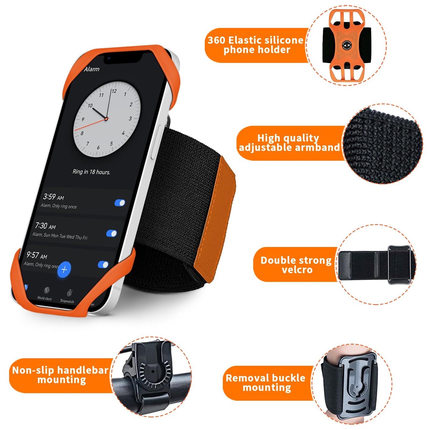 HLOMOM 3in1 Phone Holder for Running,Arm Band/Wrist Holder/Bike Mount,Phone Armbands 360° Rotation & Detachable Fit All 4.5-7" Phone for iPhone 17/16/15/Pro/14/13/12/mini/Pro Max/XS/XR (Orange)"
