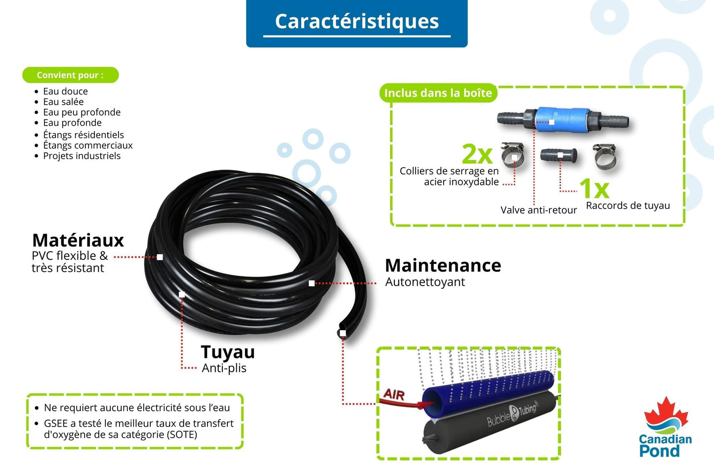 BUBBLE TUBING (½ in – Fine Bubble self-Sinking Diffuser Airline for Pond & Water Garden Aeration | High Oxygen Transfer, aerates and de-ICES Ponds, Easy Installation (50')