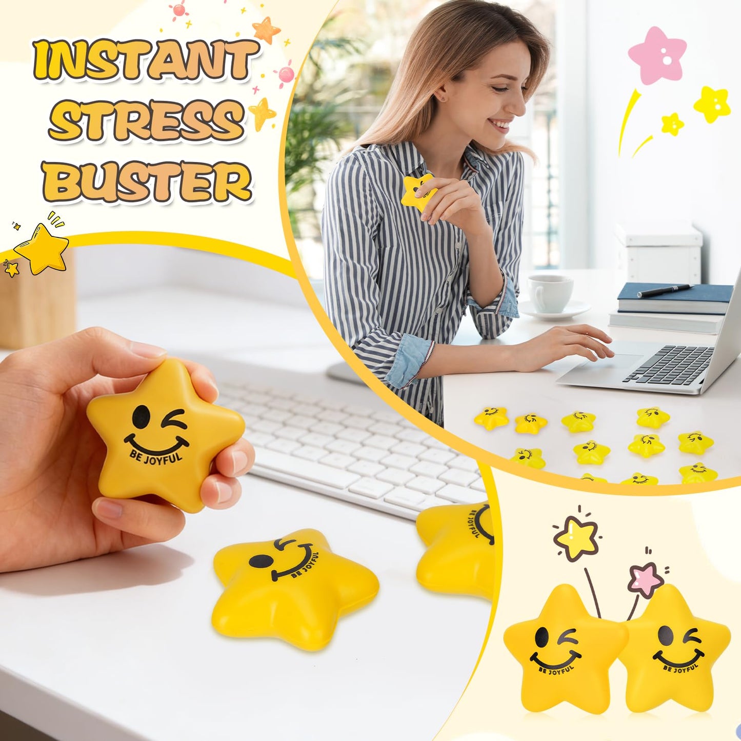 SHQDD Stress Balls, 108PCS Stress Balls for Kids & Adults - Mini Star Stress Balls Squeeze Toys, 2.16 Inch Cute Smiley Face Stress Relief Ball Bulk for Anxiety Fidget Sensory, Classroom Party Supplies