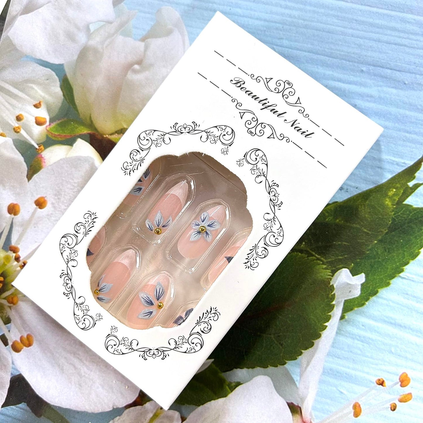 Blue Flower 3D Acrylic Fake Nail White French Tip Press on Nail Medium Almond Shaped Full Cover Glossy Artificial Stick on Nails Nude Press Ons Artificial Fingernails DIY Glue on Nails for Women