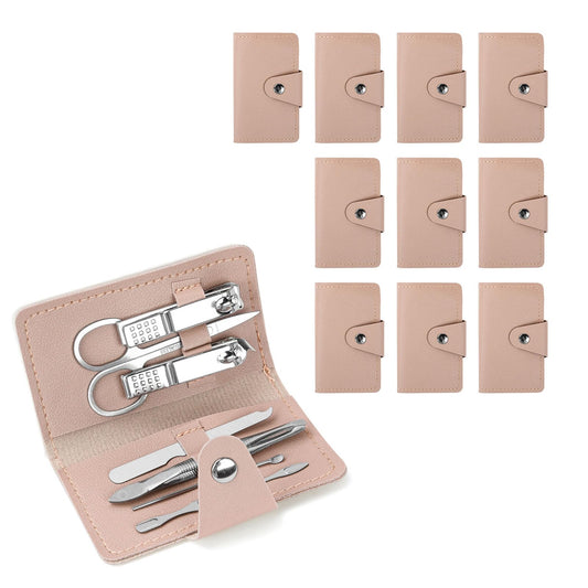 HDFCLUP 7-in-1 Manicure Kit – 10Piece Travel Nail Kit with Stainless Steel Tools, Ultra-Compact 5x6 cm Pouch for Perfect Nails Anywhere, Ideal Gift for Women, Men, and Travelers (Pink)